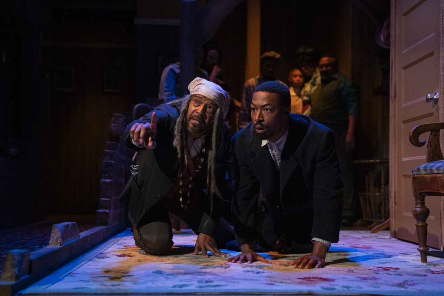 Lester Purry (Bynum Walker) and La' Tevin Alexander (Herald Loomis) in Portland Playhouse's 2025 production of 'Joe Turner's Come and Gone'; photo by Julia Varga