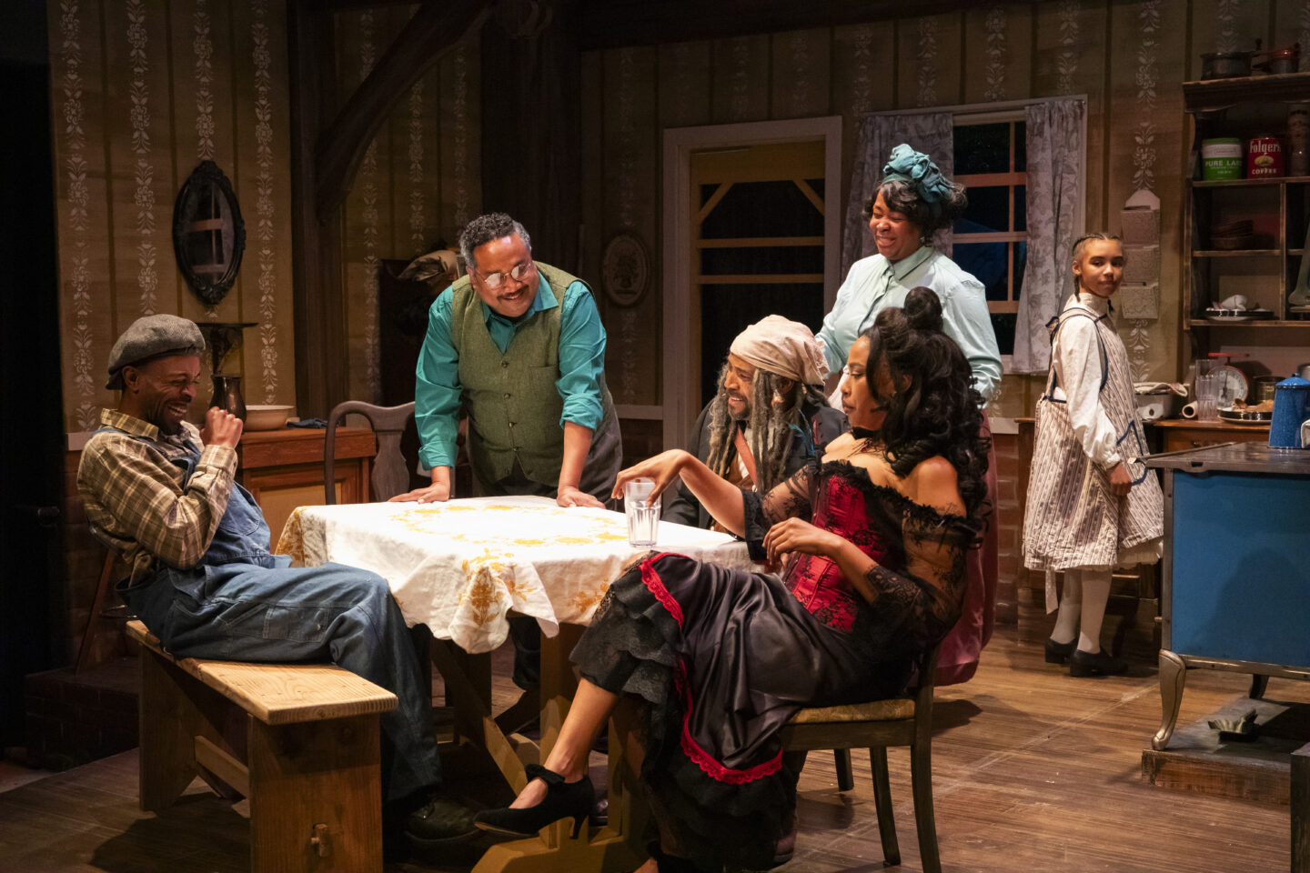 Xzavier Beacham, Bobby Bermea, Lester Purry, Ramona Lisa Alexander, Tessa May, and Ellis-Blake Hale in Portland Playhouse's 2025 production of 'Joe Turner's Come and Gone'; photo by Julia Varga